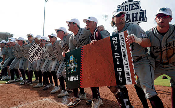The Texas A&M baseball team celebrates at home plate after sweeping Louisville in the super regionals to advance to the College World Series. The Aggies now face an Oklahoma team in Omaha over which they have a six-game winning streak.